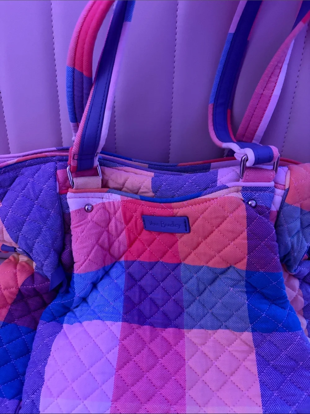 Vera Bradley Rainbow Plaid Quilted Tote in Pink, Blue, Purple